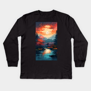 Serene Sunset over a River in a Vibrant Japanese Forest Kids Long Sleeve T-Shirt